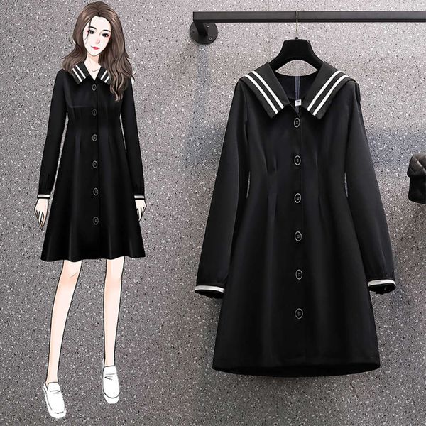

2021 spring new large women's slightly fat mm navy collar cover belly a-line foreign style dress platycodon skirt, Black;gray