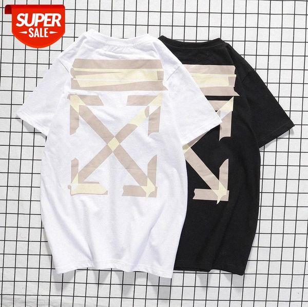 

white tape arrow print t-shirt black gold irregular men's and women's short-sleeved tee #qk7n, White;black