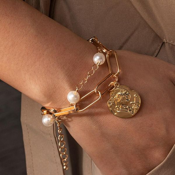 

link, chain boho gold pearl beads bracelets chains multilayer bracelet for women girls punk jewelry 2021 trend charm metal portrait, Black