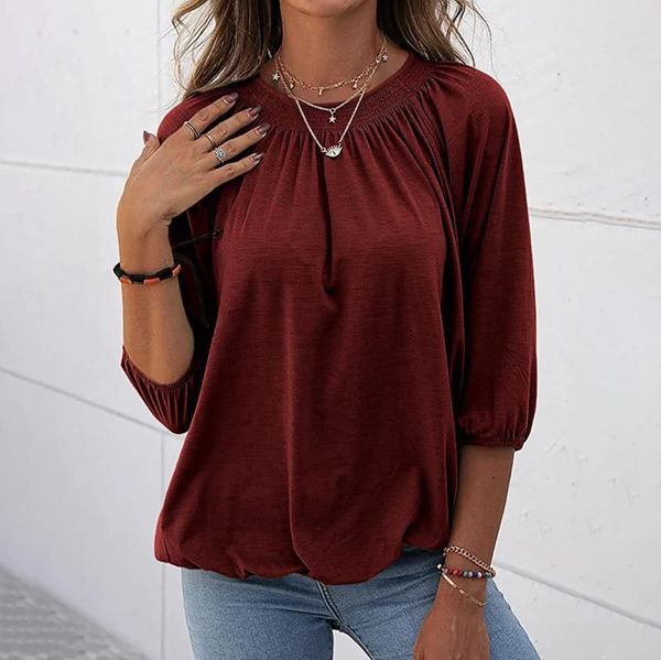 

women's t-shirt women autumn and winter solid color fashion round neck casual loose three-quarter sleeve for 2021, White