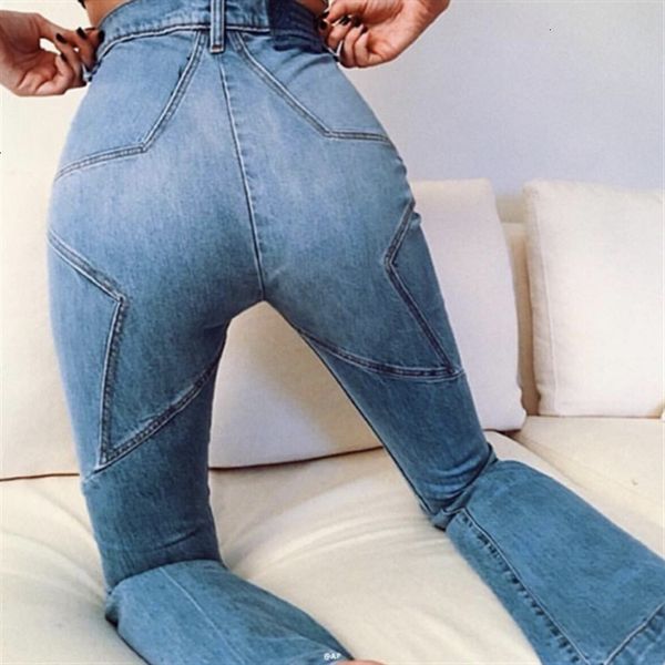 

fashion unique pentagram pattern jean pants tall waist denim skinny trousers cowboy women jeans pant, Blue