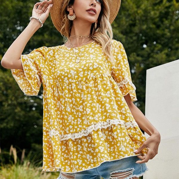 

women's t-shirt women floral printing s short sleeve round neck loose summer casual shirts, White