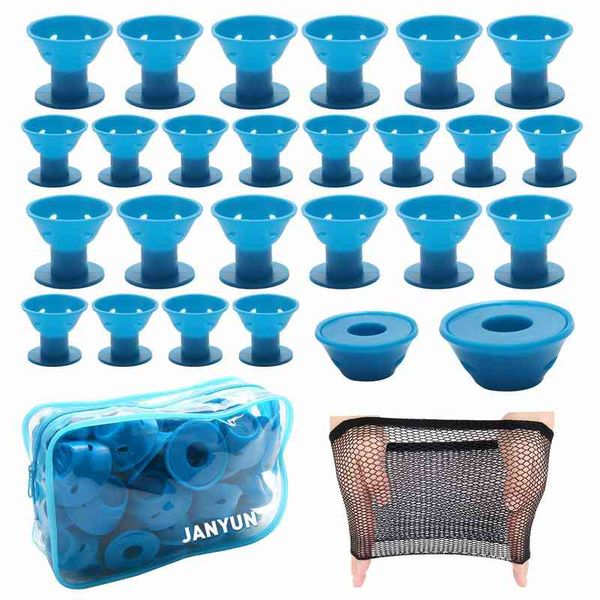 

40 pcs blue silicone with bag and net soft rubber magic hair care rollers heat no clip for curlers