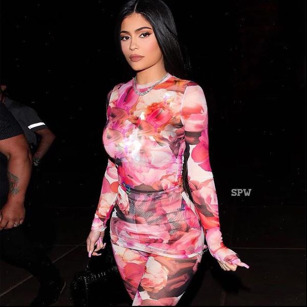 

neon floral print spliced two piece set women long sleeve see pullover and skinny pants sweat suits 2 piece outfit, Gray