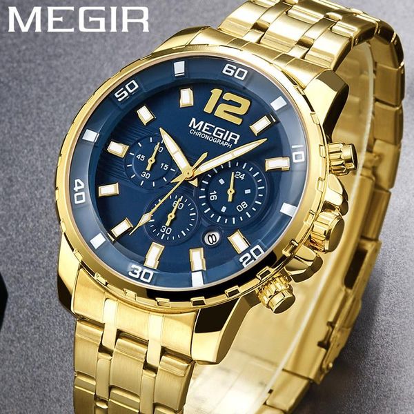 

wristwatches megir watch waterproof chronograph military male clock gold stainless steel business man sport wristwatch 2068, Slivery;brown