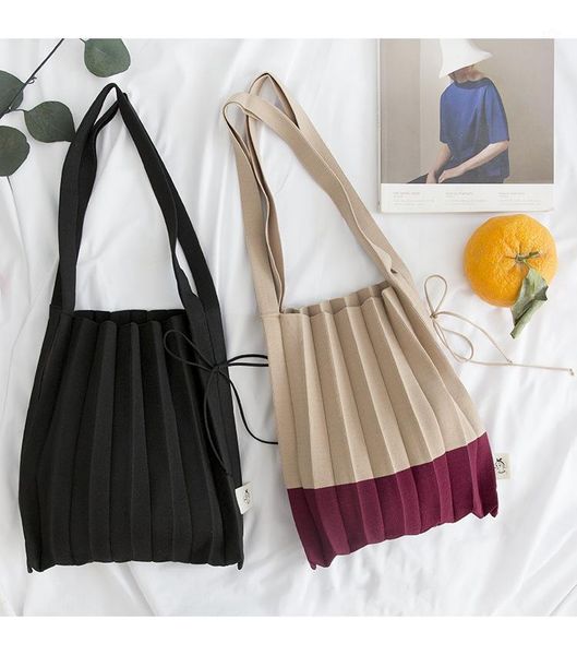 

evening bags women shoulder bag solid patchwork pleated canvas shopping purses handbag tote ladies large capacity drawstring bucket #301