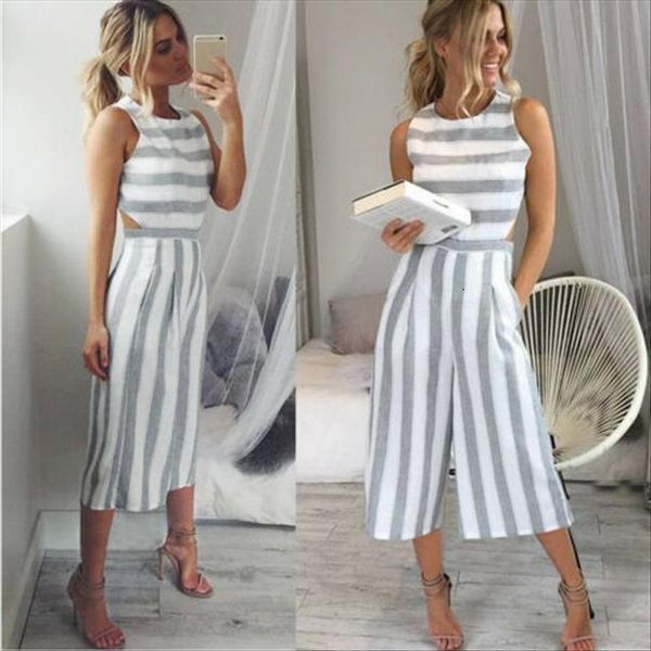 

high street sleeveless wide womens rompers striped casual clubwear side hollow leg pants outfits, Black;white