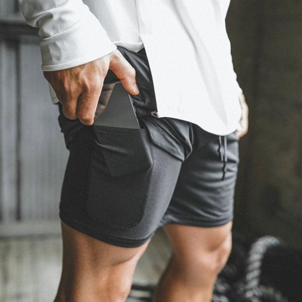 

men's 2 in 1 running shorts security pockets leisure shorts quick drying sport built-in pockets hips hiden zipper, White;black