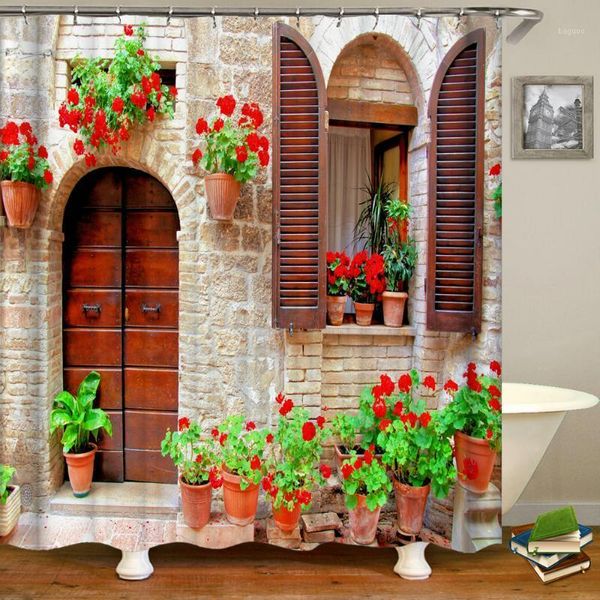 Tende da doccia Paesaggio rurale del giardino Strada Casa in pietra Tenda da bagno 3d Decorazione in tessuto impermeabile 180 * 240 cm