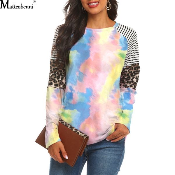 

2021 new spring autumn women tie dye stripes t shirts long sleeve loose pullover casual basic female leopard patchwork t-shirt dpv, White
