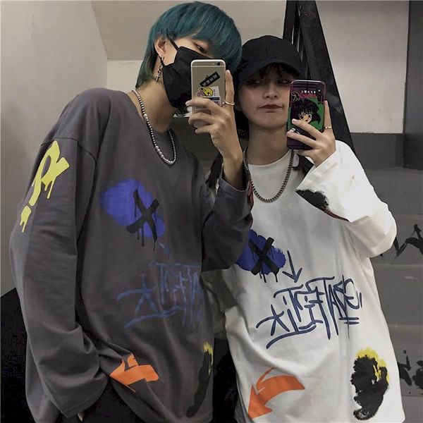 

long-sleeve released female student, printed shirt of the lyrics to hip-hop wind graffiti from harajuku bf a3zj, White;black