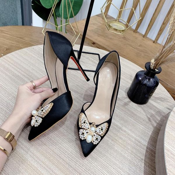 

dress shoes european and american wind 2021 black silk satin pointed high heels rhinestone butterfly buckle 12cm size women's shoe