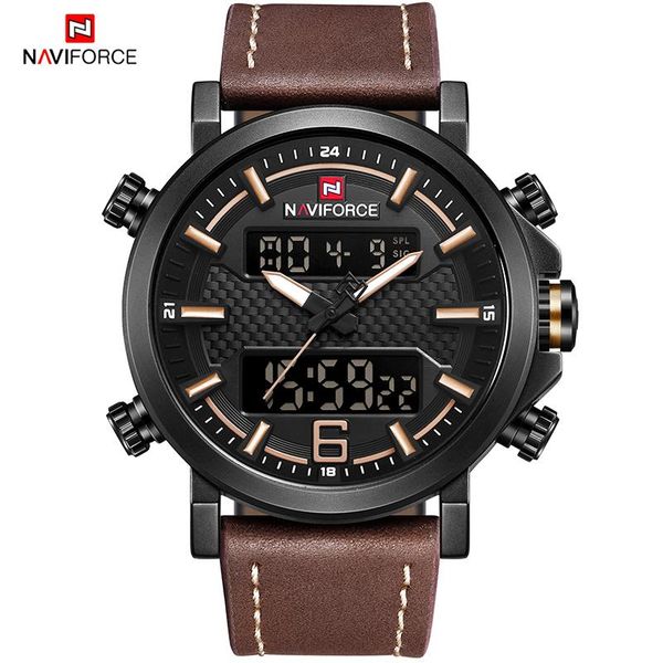 

wristwatches naviforce watches mens military led digital quartz men clock date analog dual display wrist watch relogio masculin, Slivery;brown