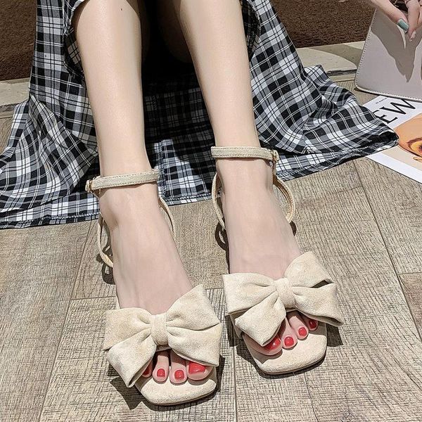 

dress shoes lucyever fashion flock big bow sandals for women summer mid heel ankle strap woman beige black casual sandalias mujer
