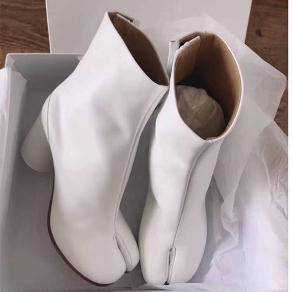 

brand dign tabi split toe boots ladi leather zapatos mujer chunky high heel ankle women sho fashion botas, Black