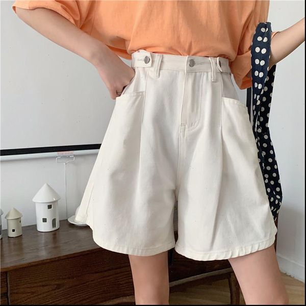

shorts womens summer wide leg cuffs vintage denim korean style high waist loose pockets all match solid fashion new, White;black