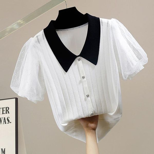

women's blouses & shirts superaen fashion hollow out striped turn down collar knitting mesh puff sleeves solid all match women casual, White