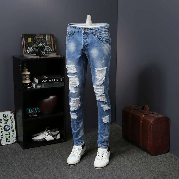 

jeans with holes boys new straight youth slim pants for menwinter, Blue