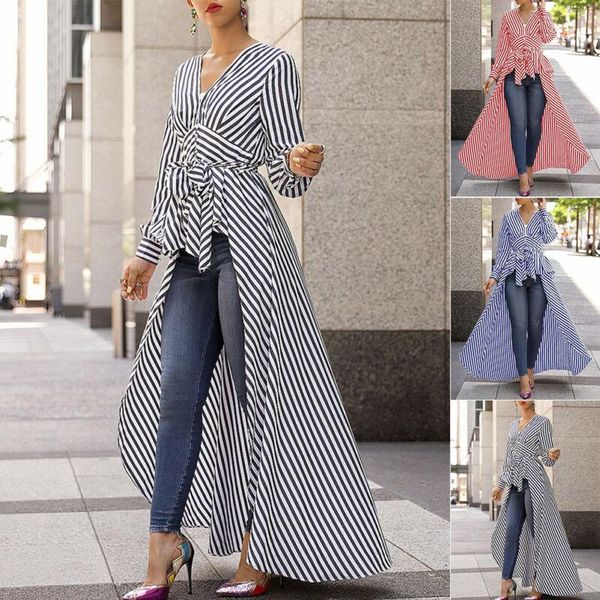 

casual dresses fashion women stripe long sleeve blouse shirt v-neck maxi dress tunic business office lady, Black;gray