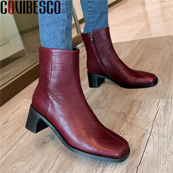 

boots covibesco vintage genuine leather red ankle 2021 winter est classic zipper high heels pumps wedding working shoes woman, Black