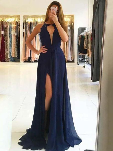 

New Sleeveless Scoop A line Lace Straps Backless Evening Gown Navy Blue Dress Party Long Simple High Slit Chiffon Prom Dress, Custom
