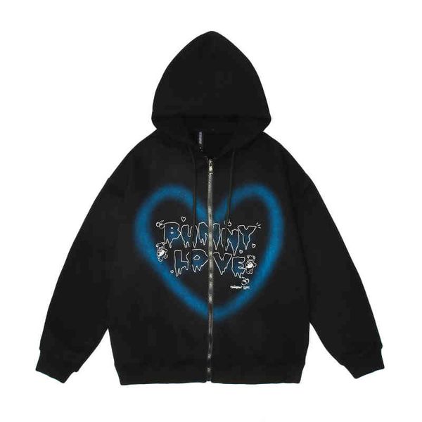 

korean fashion graffiti heart letter bear printed fce zip up men hoodi pullover harajuku hooded sweatshirts cotton et, Black