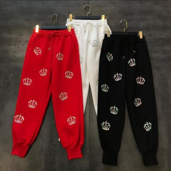 

women's pants & capris winter fashion crown rhinestone pattern plus velvet leisure women students thick sport wear long trousers, Black;white