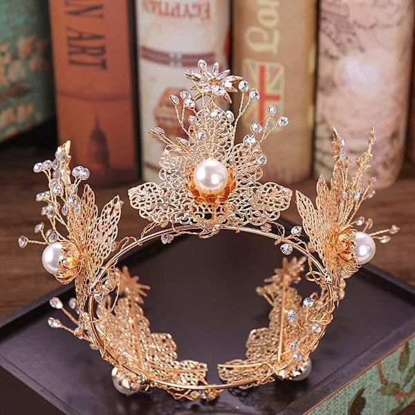 

hair clips & barrettes luxury circle beauty shiny retro huge bridal crystal prom tiara floral wedding gold leaf crown pearls vintage jewelry, Golden;silver