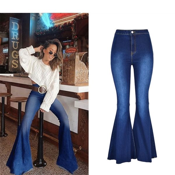

new autumn winter fashion high waist flare jeans for women wide leg pants mom jeans bell bottom denim skinny femme jeans 210202, Blue