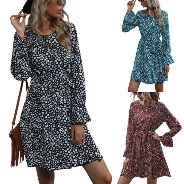 

women 's floral vintage dress long sleeve round neck tunic bandage swing shift dresses casual, Black;gray