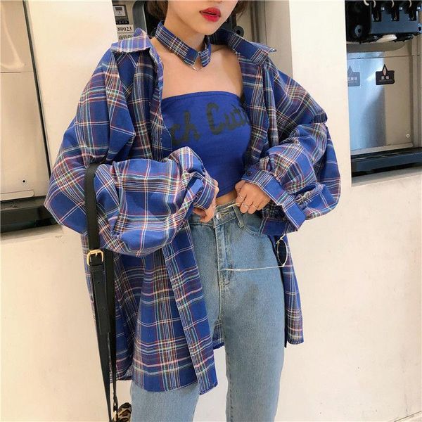 

women's blouses & shirts houzhou plaid women long sleeve cardigan vintage blue yellow red shirt 90s beautiful blouse button up oversize, White
