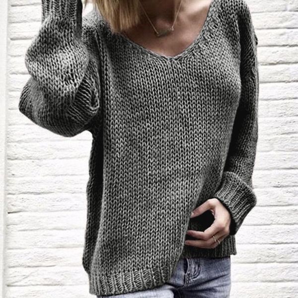 

women's sweaters 2021 autumn and winter loose long sleeves v neck sweater knitted solid black gray wine red army green fashion, White;black