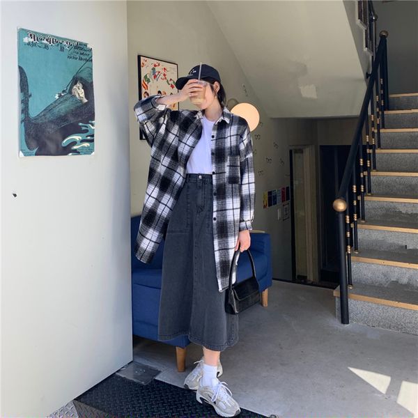 

herfst woman's plaid 2021 vintage port savory sleeve style long shirt jacket 2kgo, White