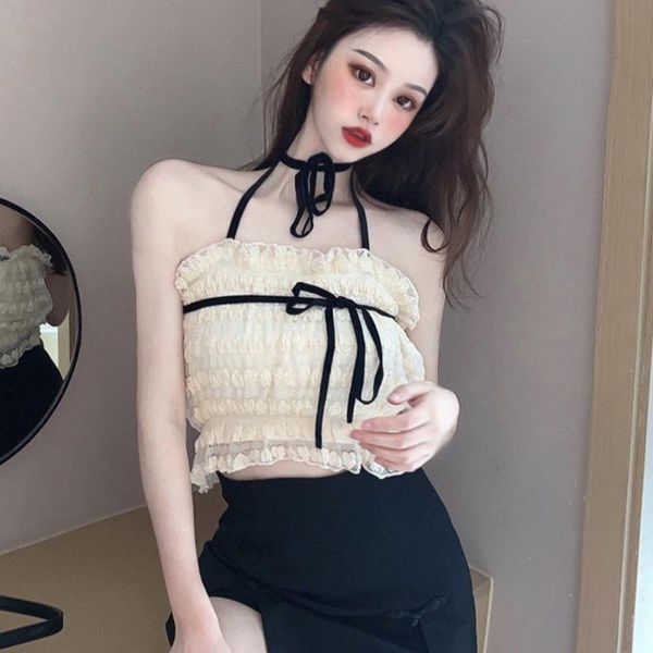 

women's tanks & camis women tank suspender solid color open back sweet straps sleeveless short lace sling ladies vest, White