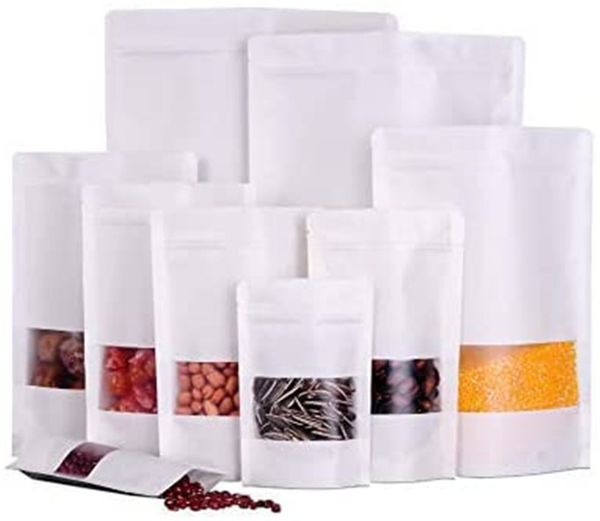 Sacchetti di carta Kraft da 100 pezzi / lotto Sacchetto con cerniera bianca Stand Up Sacchetti per alimenti Imballaggio richiudibile con sacchetto di imballaggio per finestra opaca