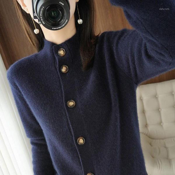 

women's knits & tees autumn and winter 100% wool cashmere sweater self-cultivation half high neck cardigan warm knitted women, White
