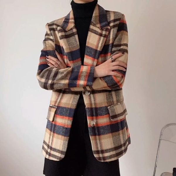 

women's suits & blazers vintage blazer women notched collar plaid printed long sleeve coats loose elegant single breasted outwear autu, White;black