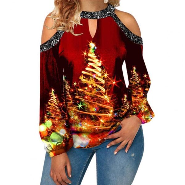 

women's blouses & shirts christmas pattern printing blouse pullover colorful print off-shoulder casual women halter long sleeve for pa, White
