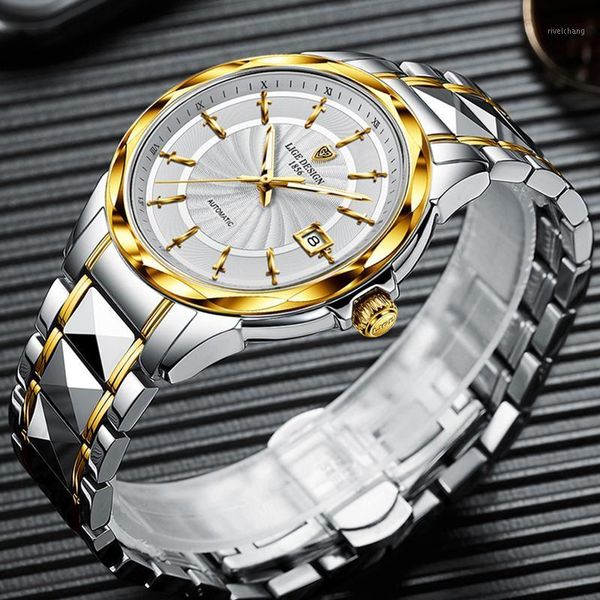 

luxury automatic mechanical watch mens brand tungsten steel waterproof wrist fashion sport business men watches wristwatches, Slivery;brown