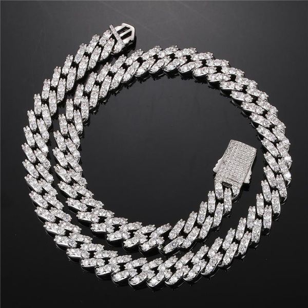

chains hip hop claw set 5a+ cubic zirconia bling iced out 12mm square cuban miami link chain necklace for men women rapper jewelry, Silver