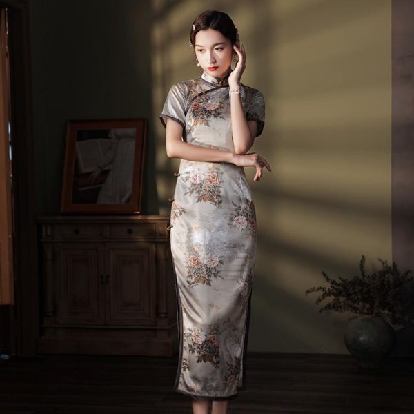 

ethnic clothing elegant chinese traditional mandarin collar long fork women cheongsam vintage button party dress silk satin ladies qipao, Red