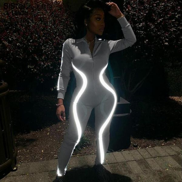

sisterlinda skinny reflective striped patchwork bodysuit women rompers casual street 2021spring high waist zipper playsuits, Black;white