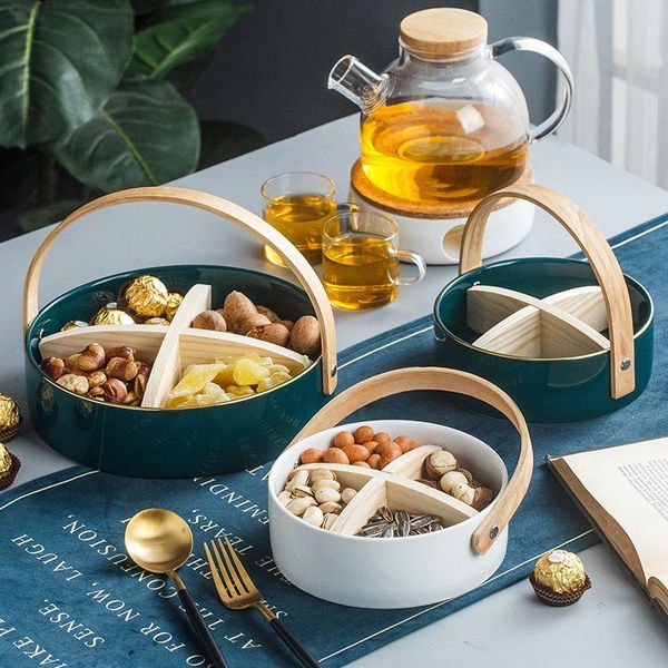 

kitchen storage & organization nordic ceramic 4 grid fruit plate nut dish creative with handle compartment dried platter box home snack