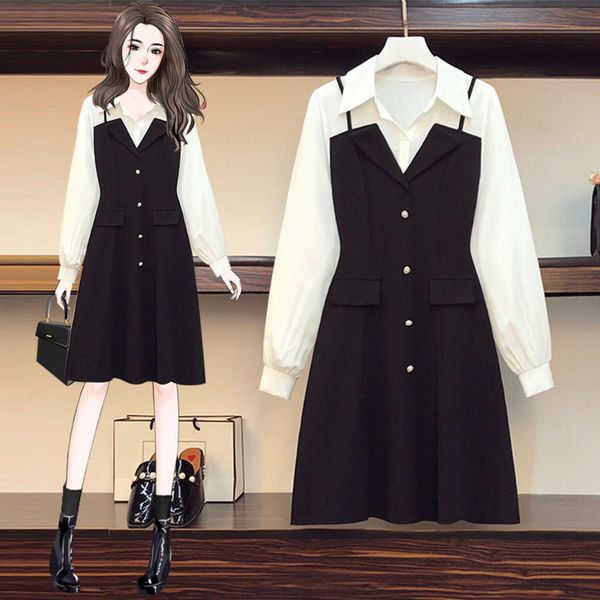 

big size women's spring 2021 new fat sister french meat covered shirt fake two pieces of slim age reducing dress, Black;gray