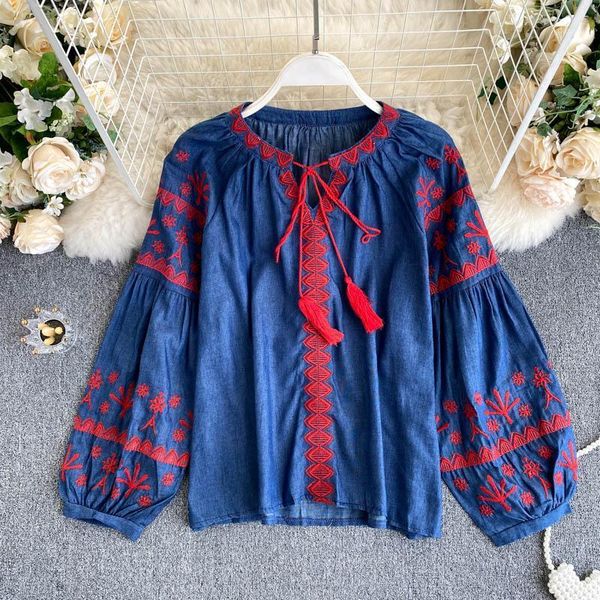 

retro embroidery women blouse autumn fashion chic tassel lace up long sleeve casual loose korean style blouses, White