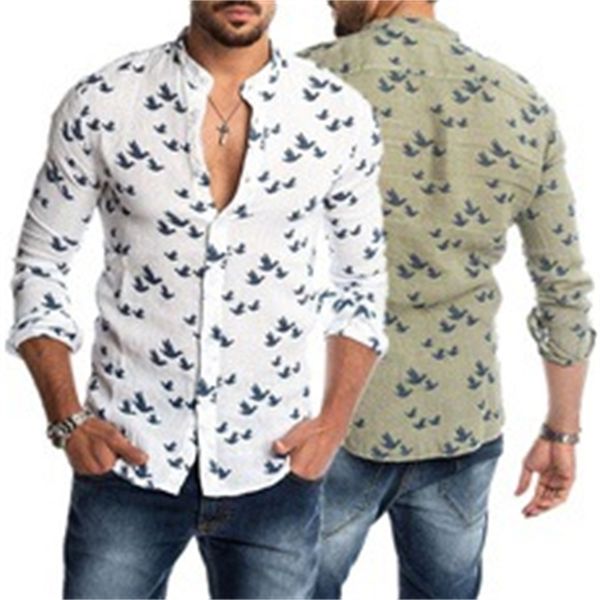 

2020 men's slim fit flying bird print solid stand collar shirt top, White;black