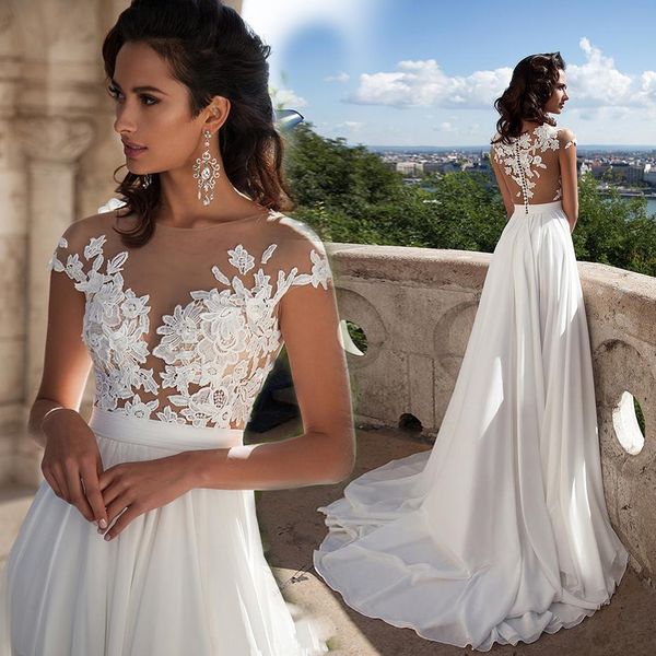 

empire simple sheer neck a-line wedding dress capped short sleeves appliques tulle zipper bridal gowns princess dresses, White