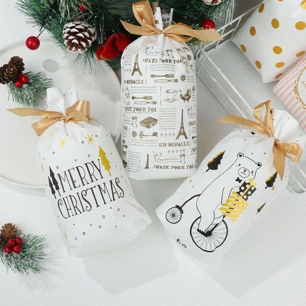 

gift wrap 50pcs christmas bags with ribbon seal santa claus elk candy sweet treat plastic xmas year biscuit wrappi