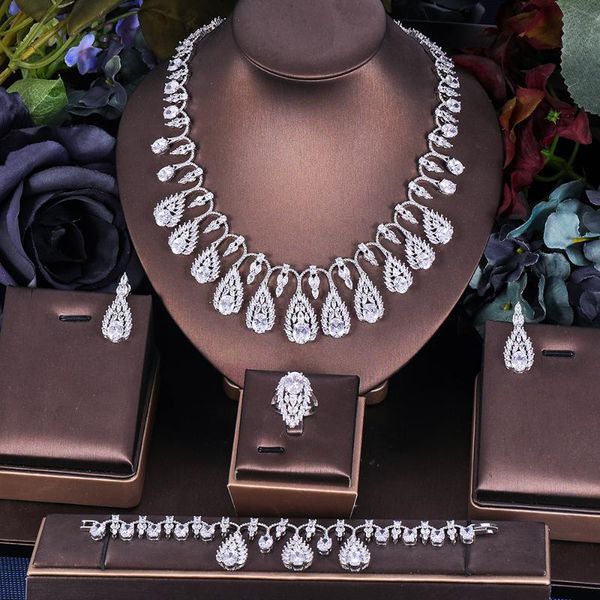 

earrings & necklace accking luxury 4pcs cubic zirconia fashion style women wedding bridal earring ring bracelet jewelry set dubai gift, Silver