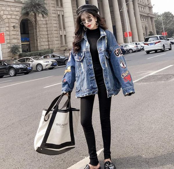 

women's jackets harajuku fashion embroidery holes loose denim jacket clothing blue casual long, Black;brown